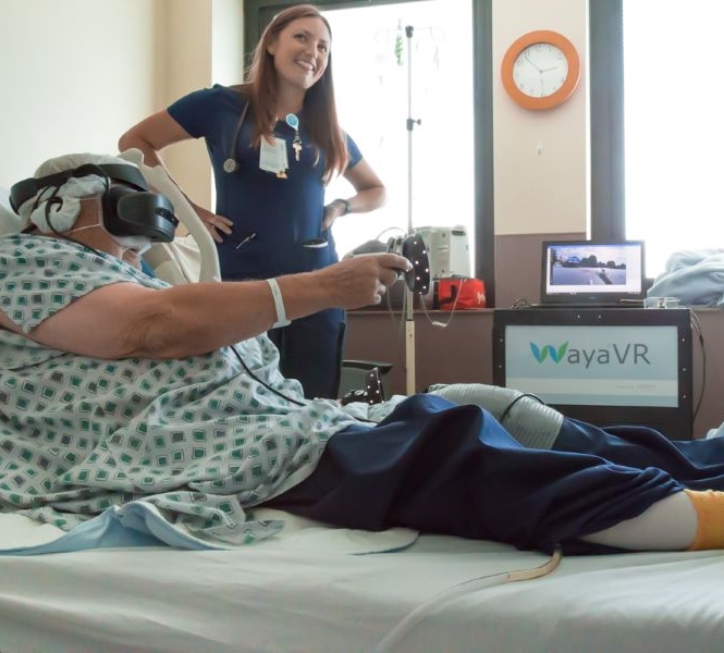 A senior lady practices healthcare by Virtual Reality.